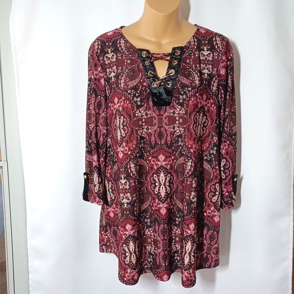 Boho Paisley Lace Up V-Neck Tunic Top Burgundy Velvet Trim Medallion Blouse M/L